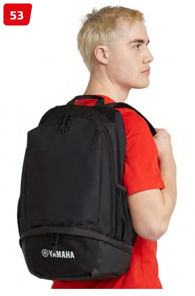 Yamaha Essentials Backpack in black, 38-litre motorcycle and everyday backpack with padded back and straps, main compartment, side zip pockets, outer mesh pockets, shoe compartment and Yamaha branding.