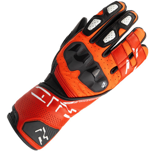 Richa RS86 motorcycle gloves in red and fluorescent red, men's summer riding gloves with lightweight breathable construction, protective knuckle reinforcement, secure wrist fastening and sporty styling for warm-weather riding.