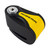 RIDERR Riot Alarm Disc Lock in yellow, compact motorcycle security lock with built-in alarm designed to deter theft and provide added protection when parked.