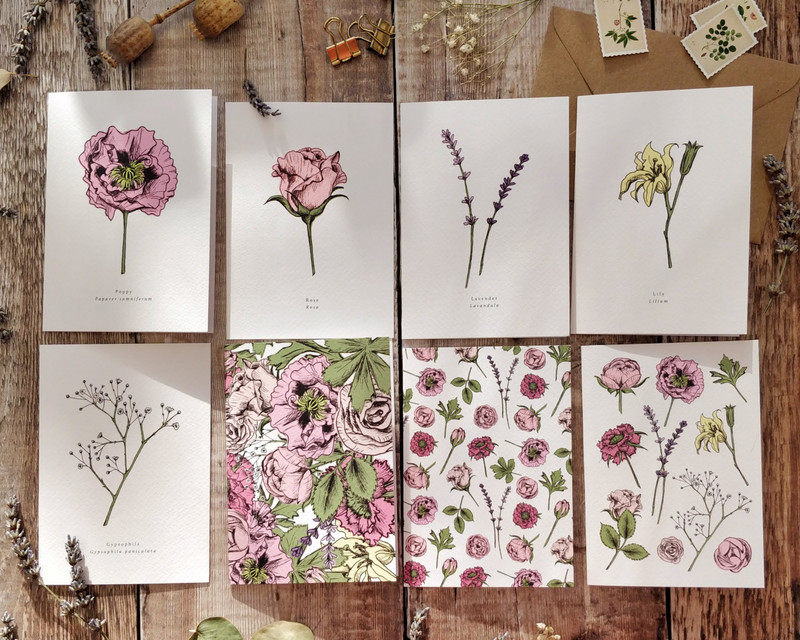 Set of 8 Pink Flowers Folded Notecards & Envelopes