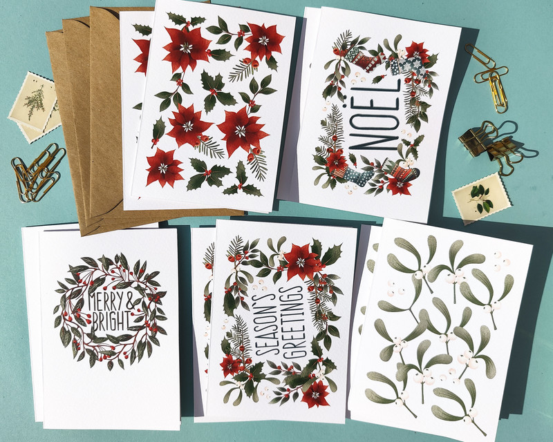 Set of 10 Christmas Modern Folded Notecards & Envelopes
