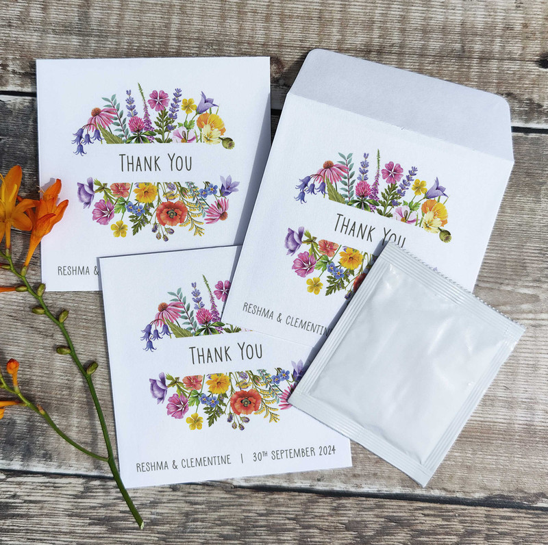 10 x Colourful Flowers Wedding Favour Seed Packets (thank you)