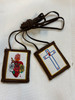 Beautiful embroidered two hearts and three roses with cross scapular 
hand made of 100 % wool 
cord is approximately 18” long