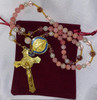 Exquisite Mauve/Pink Tones Handmade Rosary with Velvet Case - 1" Gold-tone St. Benedict Centerpiece & 3" St. Benedict Crucifix - Miraculous Medal