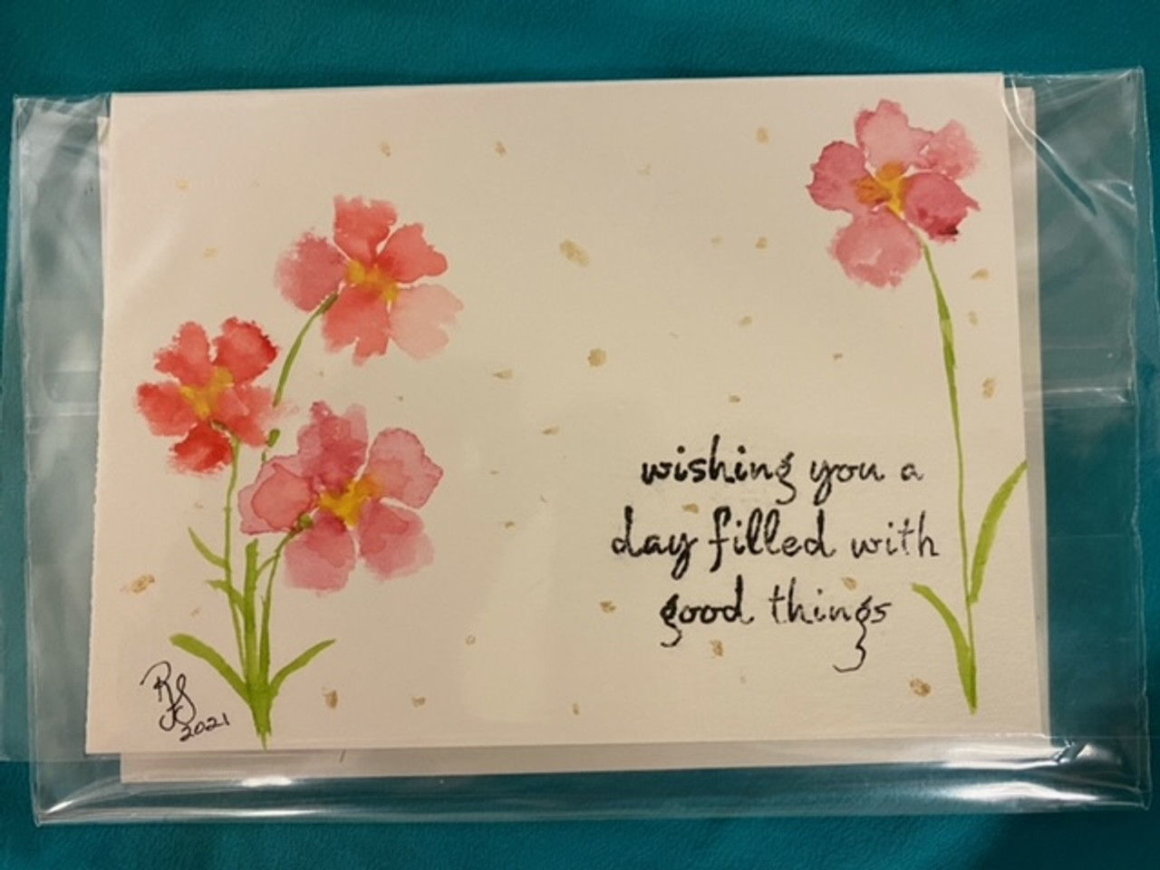 Hand-painted One of a Kind Note Card 3.25"x4.75" - wishing you a day filled with good things/pink flowers
