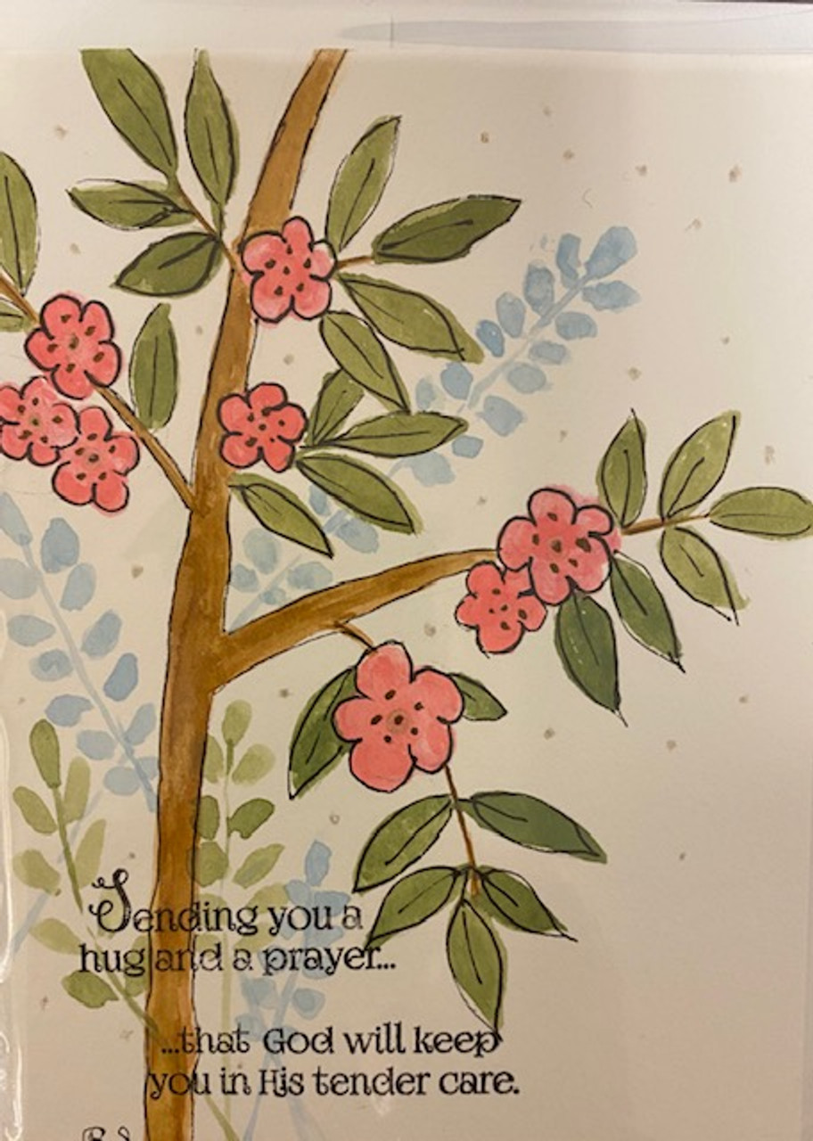 One-of-a-kind hand-painted notecard with pink flowers "Sending you a hug and a prayer"