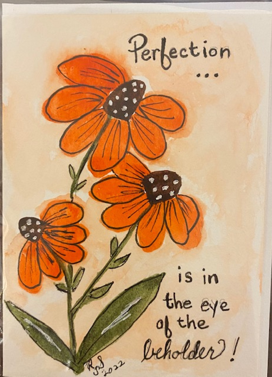 One-of-a-kind hand-painted notecard with envelope - Orange flowers "Perfection is in the eye of the beholder"