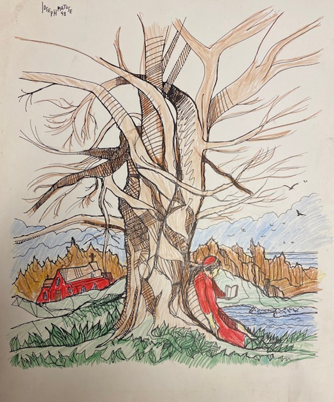 Colorful art by Joseph Matose - religious reading by tree 19"x 15.5