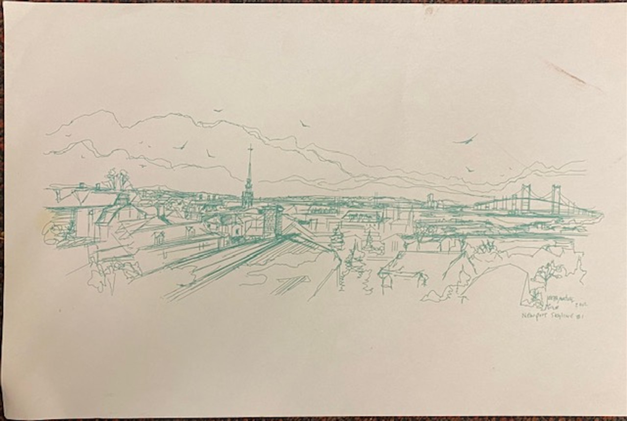 Newport Skyline in green sketch by Joseph Matose - 11"x 17"