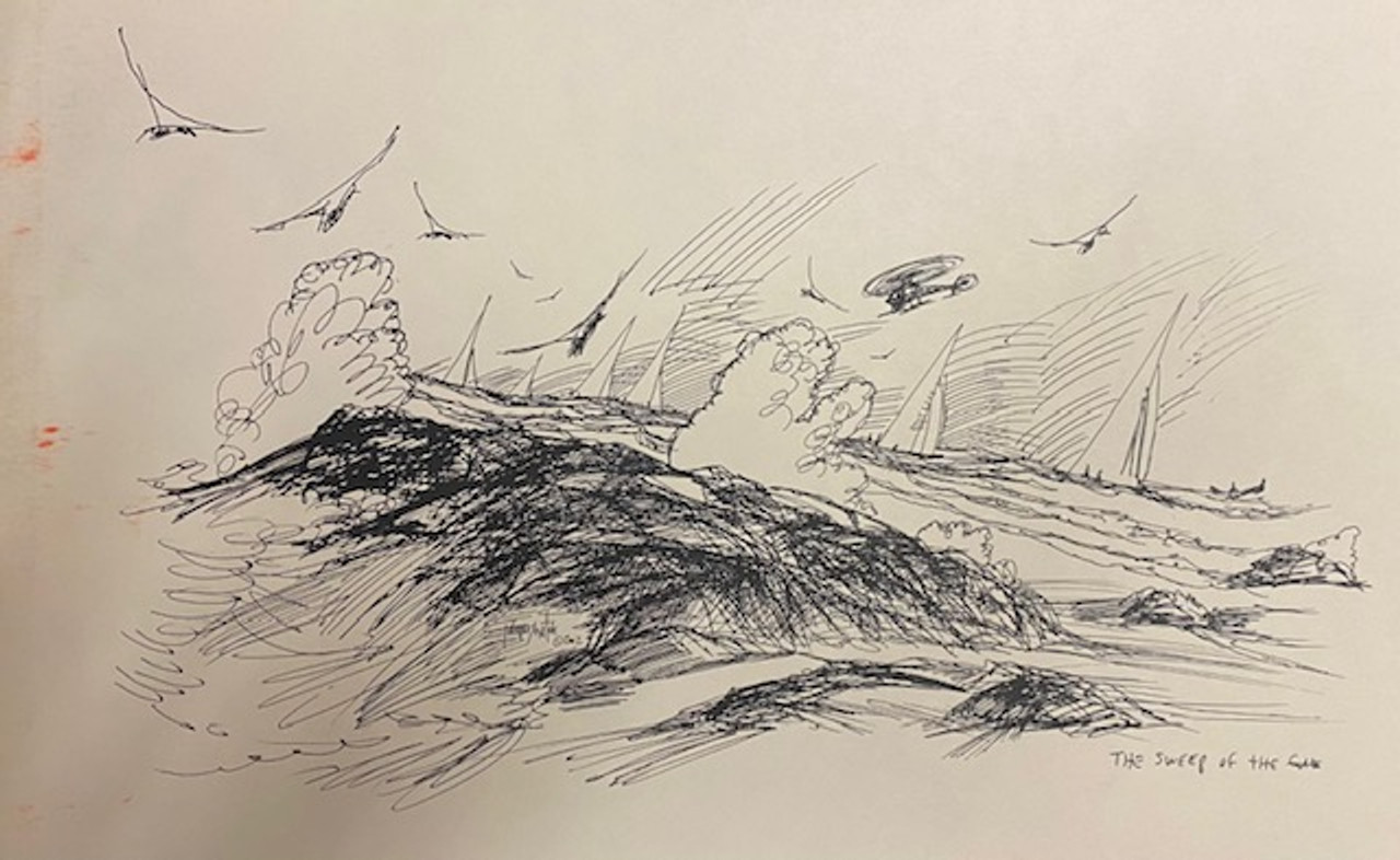 "The Sweep of the Gale" with helicopter and sailboats sketch by Joseph Matose 8"x 14"
