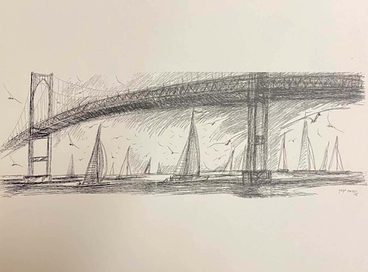 Suspension bridge with sailboats sketch by Joseph Matose 8"x 11"