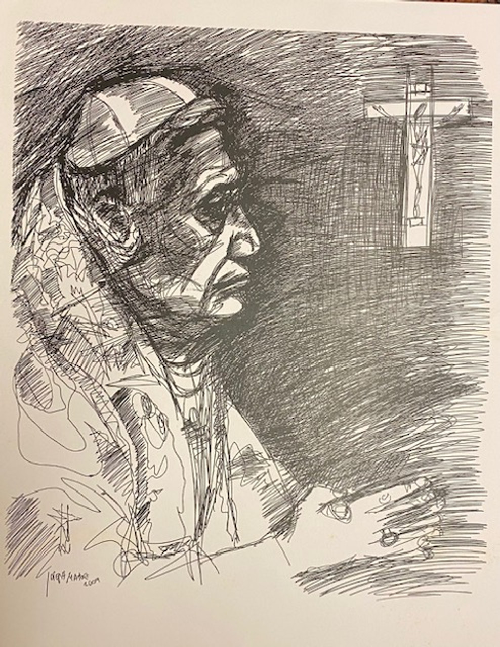 Pope in prayer sketch by Joseph Matose 8"x 11"