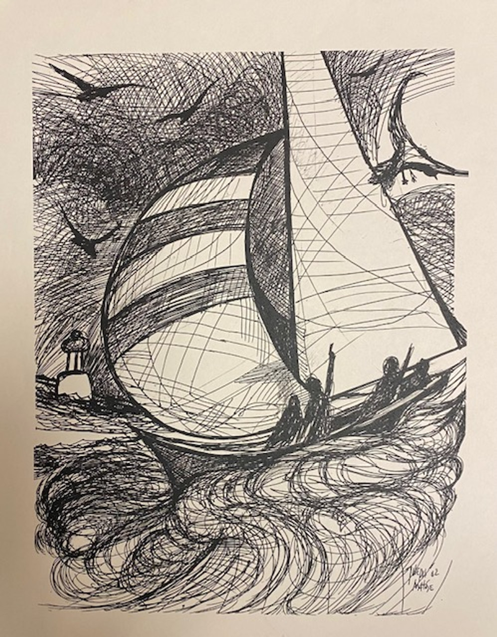 Sailboat on rough waters sketch by Joseph Matose 8"x 11"