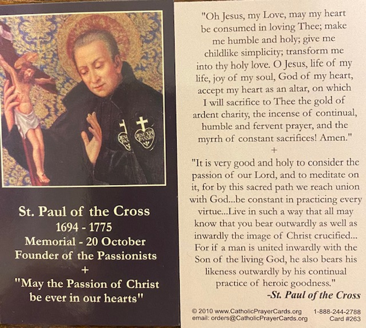 St. Paul of the Cross Prayer Card