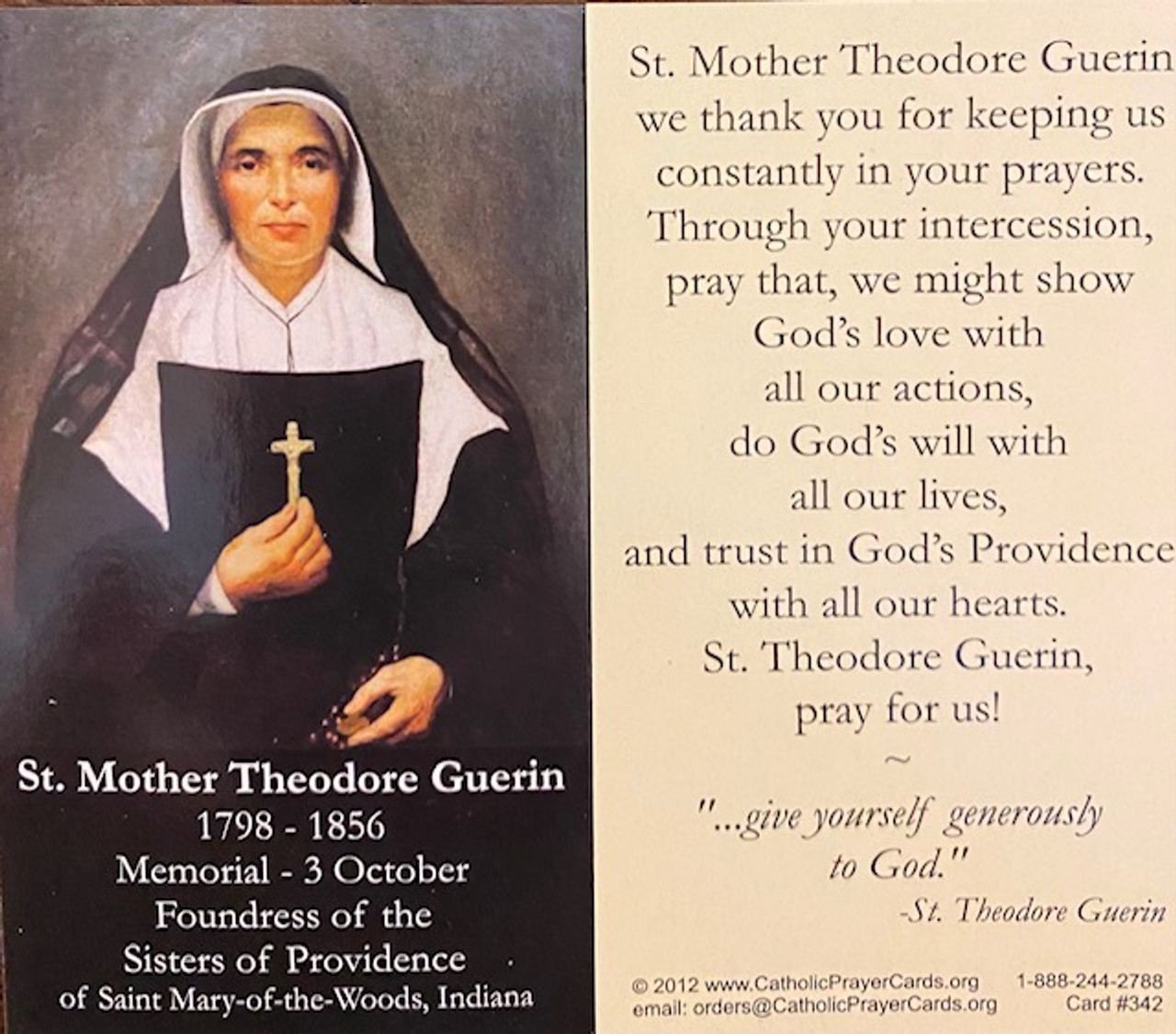 St. Mother Theodore Guerin Prayer Card