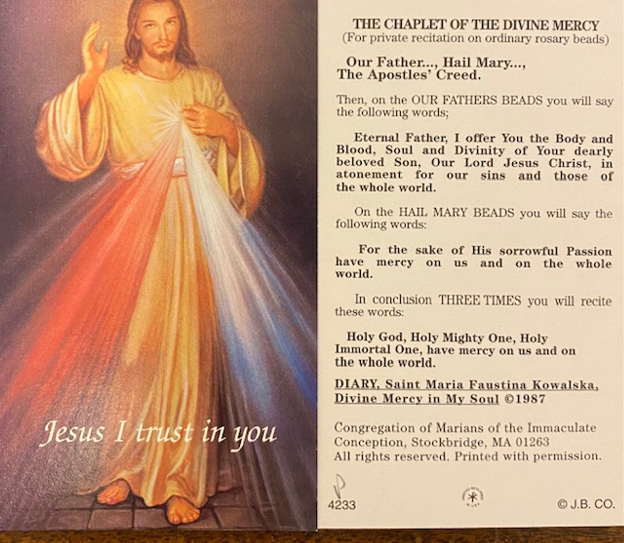 Vintage Chaplet of Divine Mercy holy card