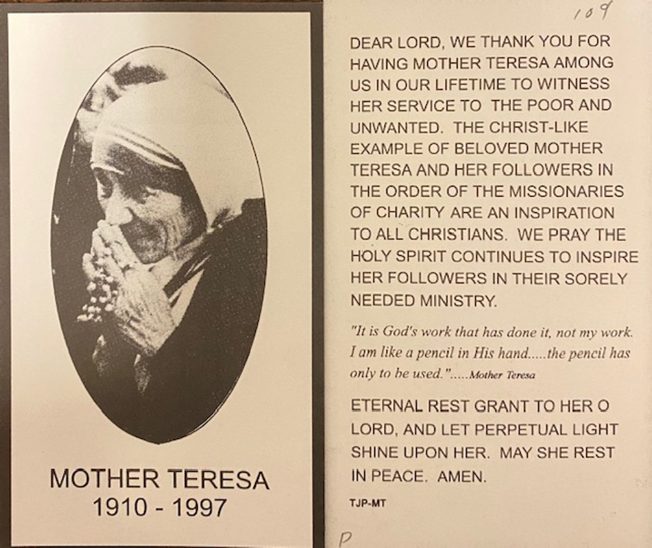 St. Mother Teresa Vintage Memorial Card