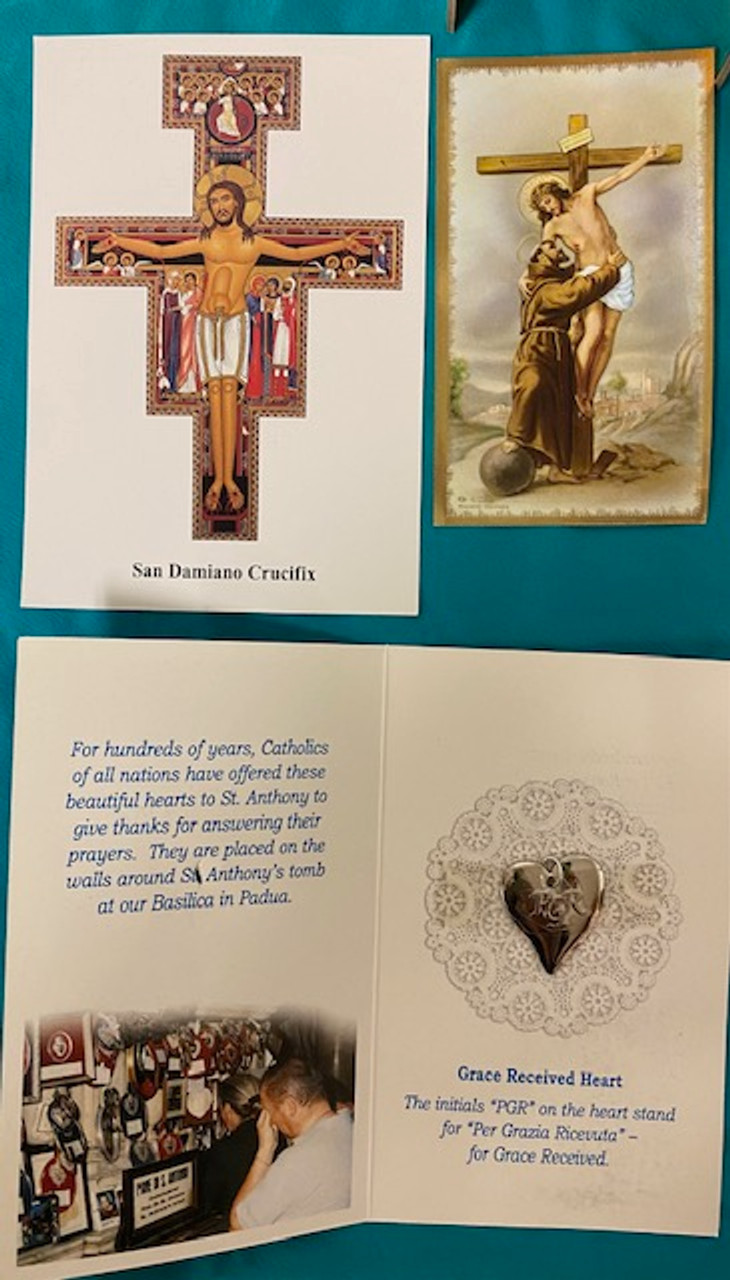 Set of 4 Franciscan items - cardboard triptych, 2 holy cards, "PGR" silver-toned charm