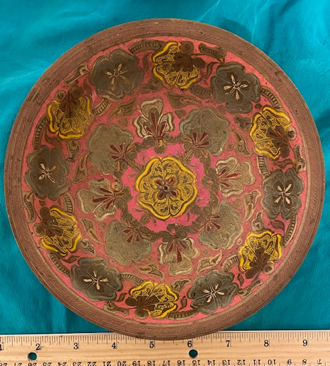 Vintage Brass Pedestal Bowl with painting inside