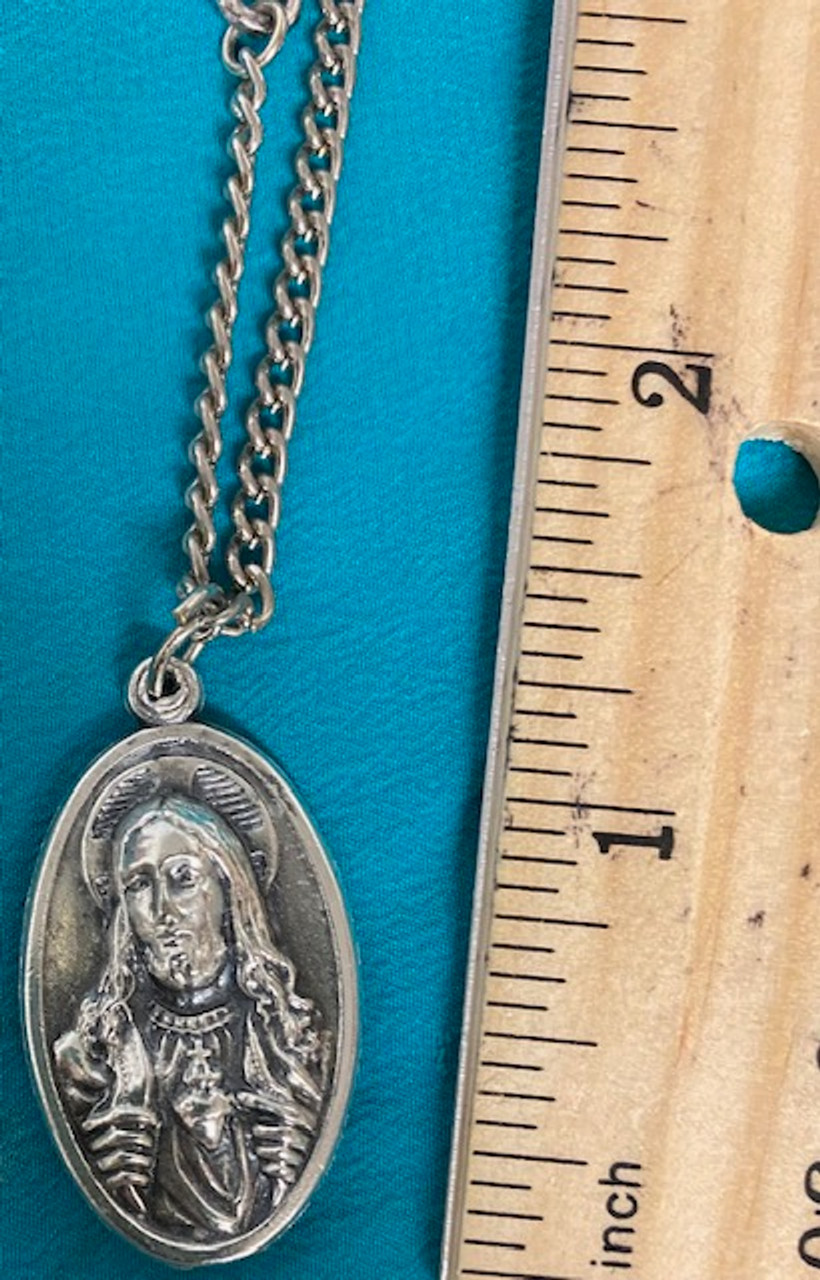 Vintage Medal of The Sacred Heart & Our Lady of Mt. Carmer on a 24" lobster claw stainless chain