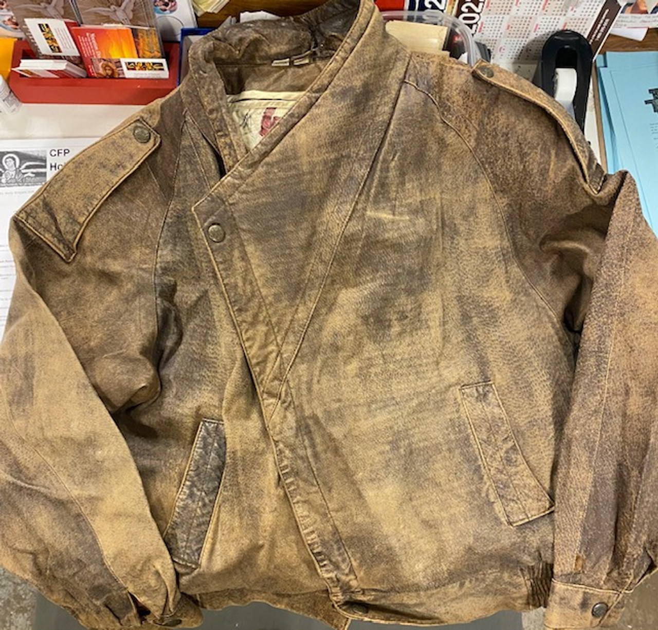 Vintage Distressed Leather Bomber Jacket - Size Large