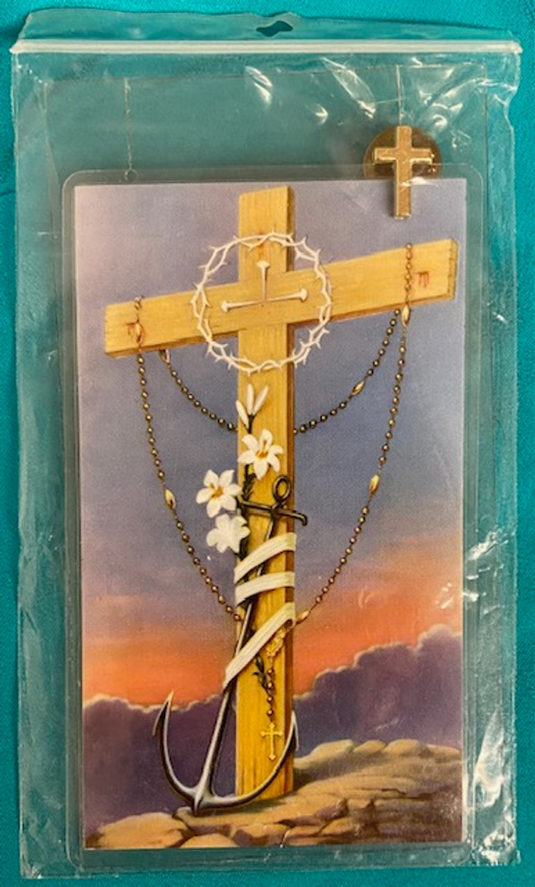 Gold-tone Cross Lapel Pin with laminated Holy Card