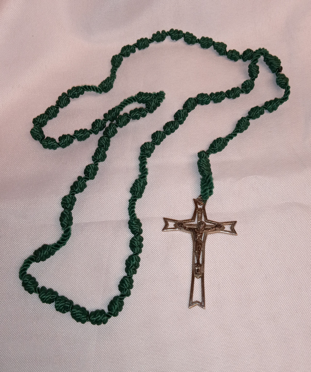 Vintage  Green Knotted Rosary with Large Crucifix