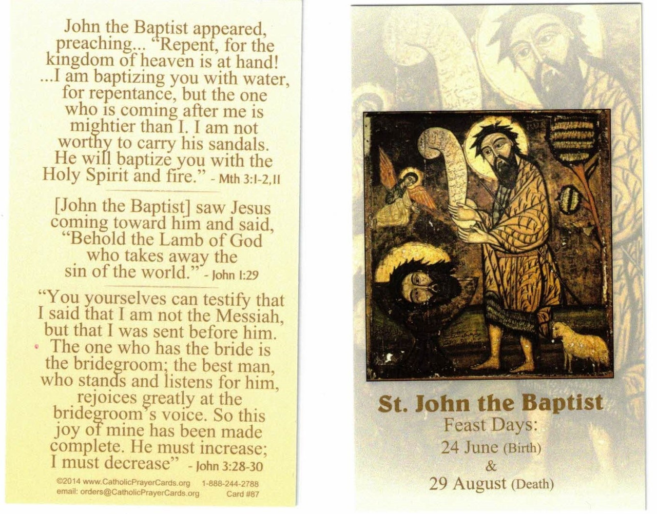 Saint John the Baptist Prayer Card