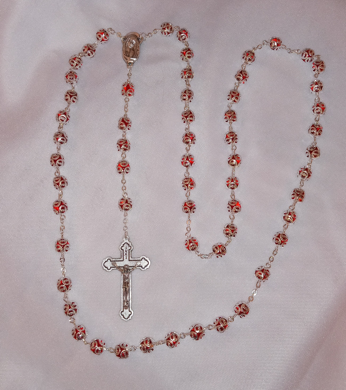 Ruby Capped Metal Bead Rosary