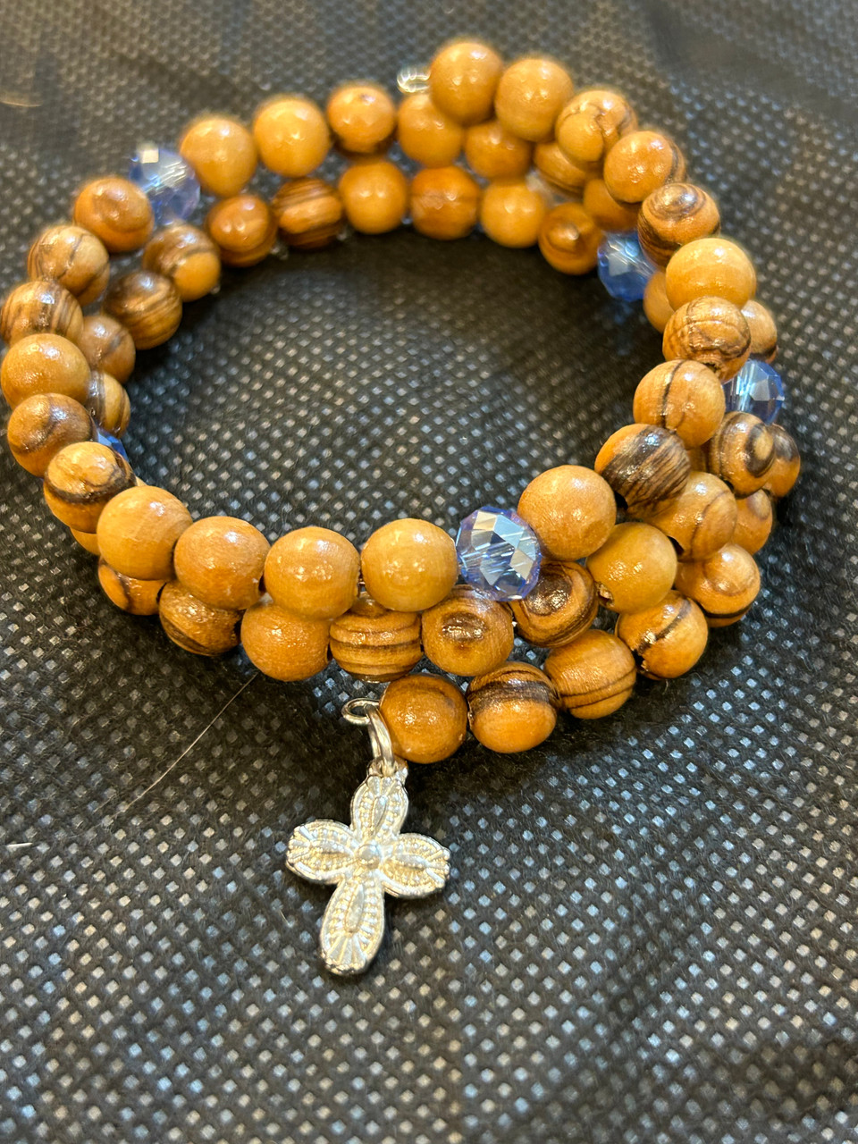 Olive wood and blue crystal bracelet (made by Christians in the Holy Land)