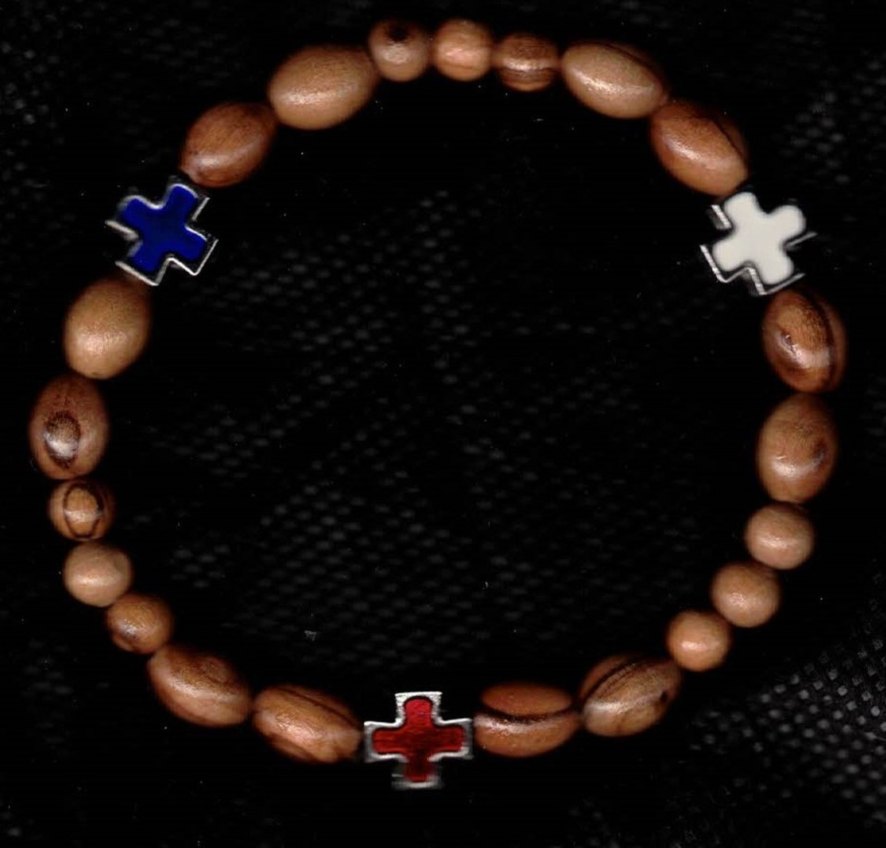Olive wood bead bracelet with Jerusalem cross single strand (made by Christians in the Holy Land)