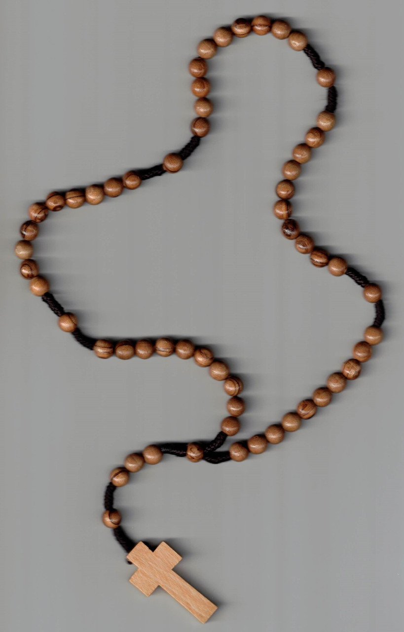 Olive wood round bead cord rosary with a plain cross