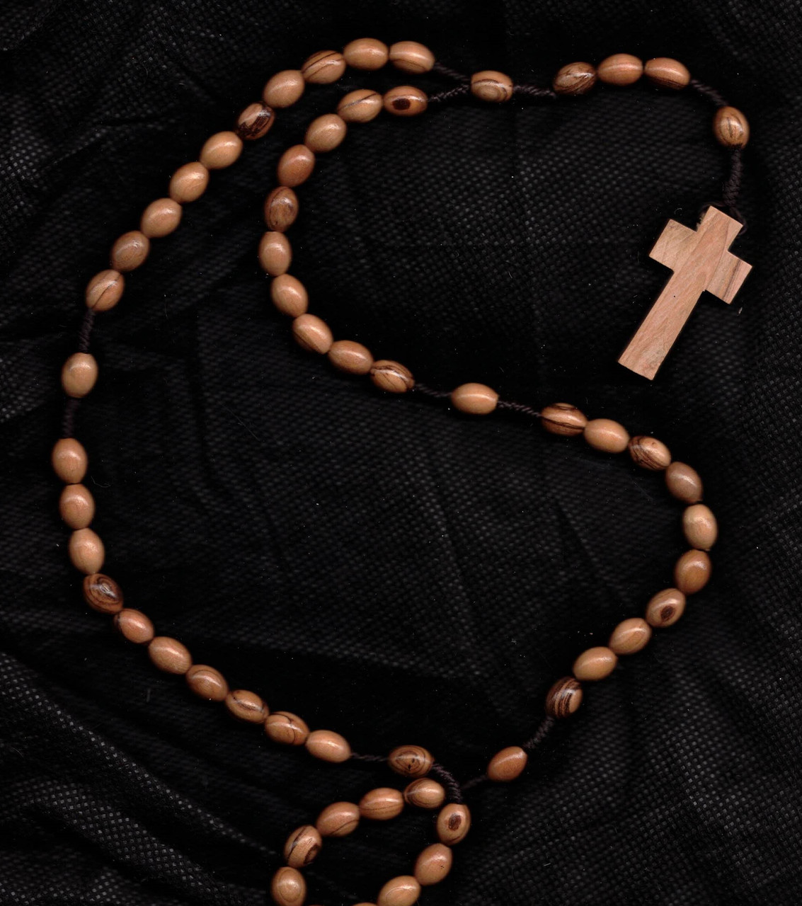 Olive Wood Oval Bead and Cord Rosary Made by Christians in the Holy Land 