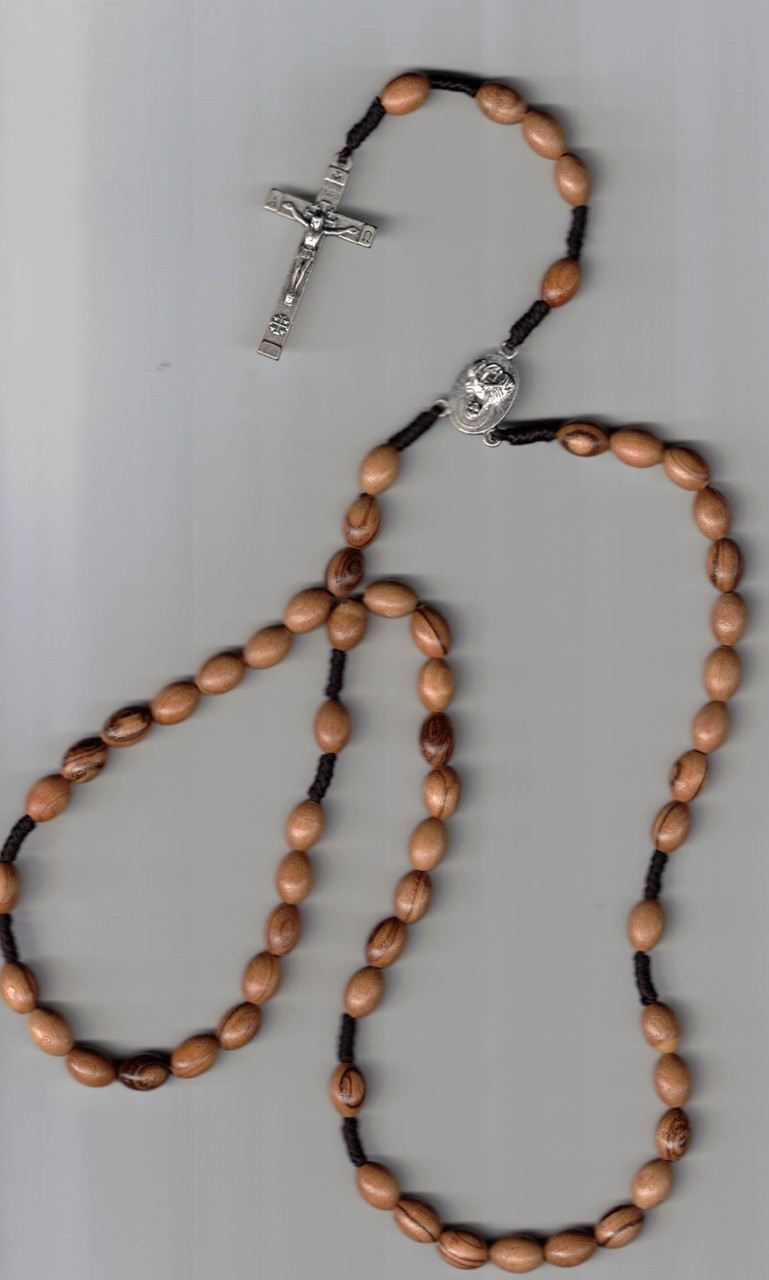 Jerusalem Olive Wood Oval Bead Cord Rosary with Jerusalem Cross Centerpiece and Crucifix 