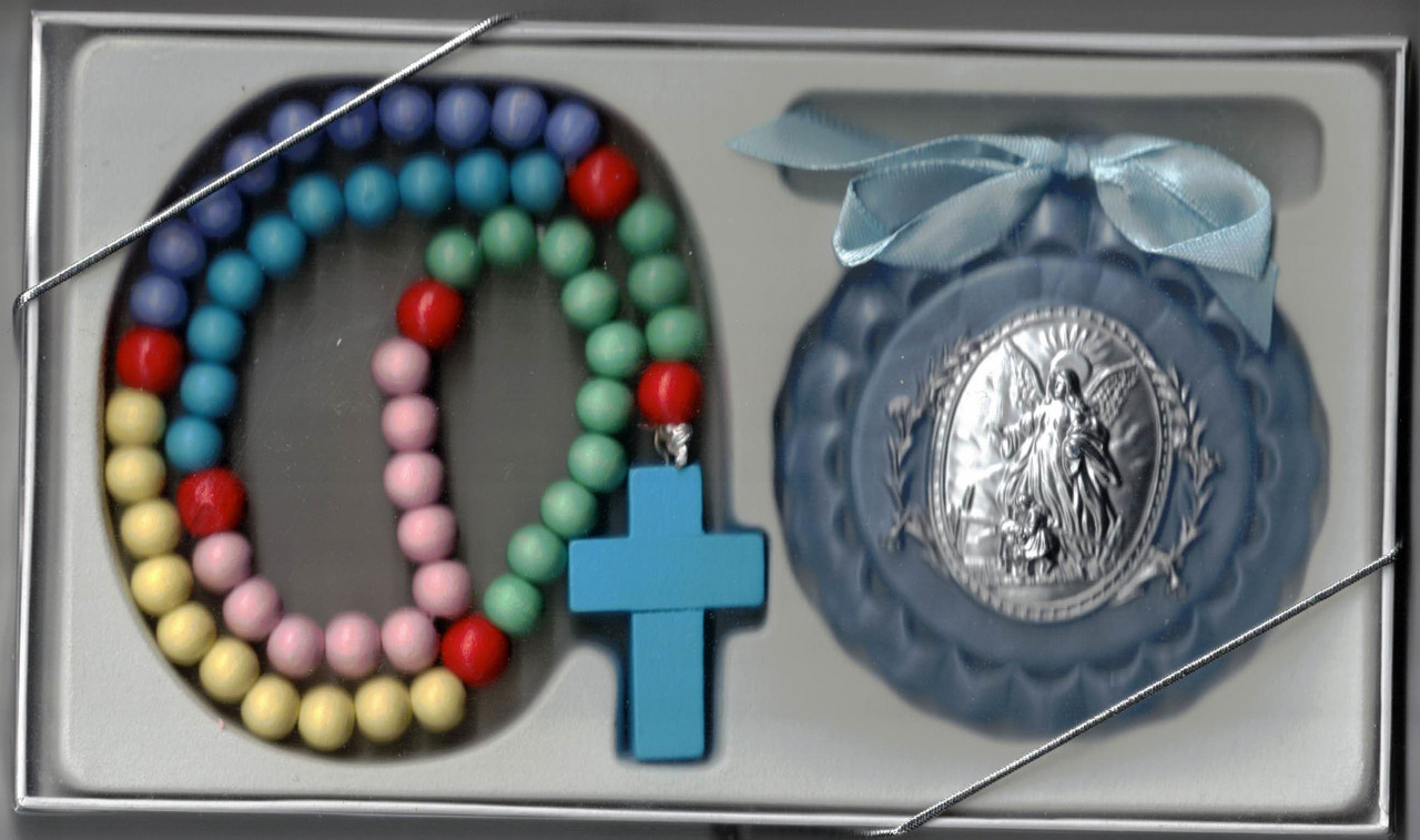 Boy Rosary and Guardian Angel Medal Crib Set, Blue 