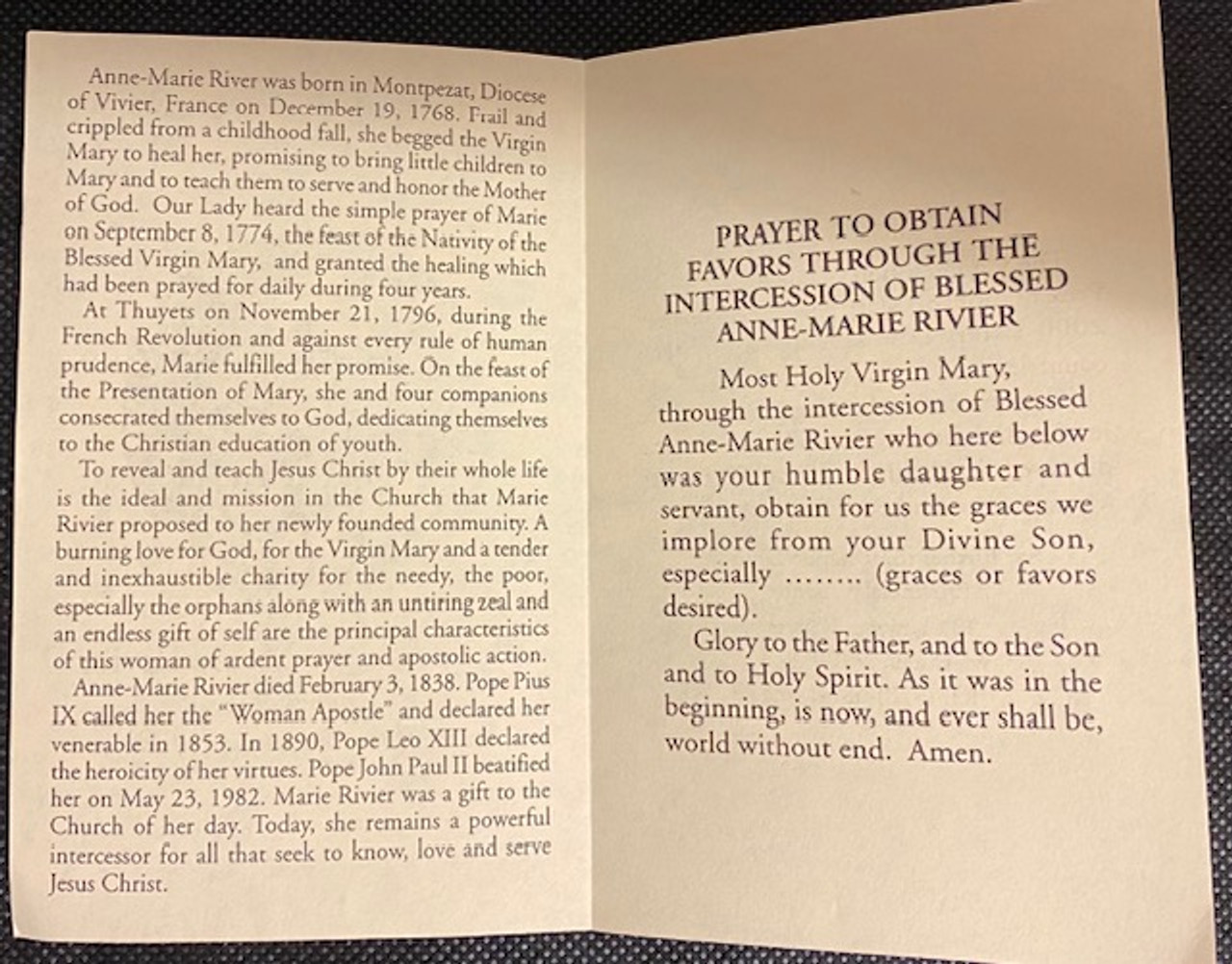 Blessed Anne-Marie Rivier Prayer pamphlet