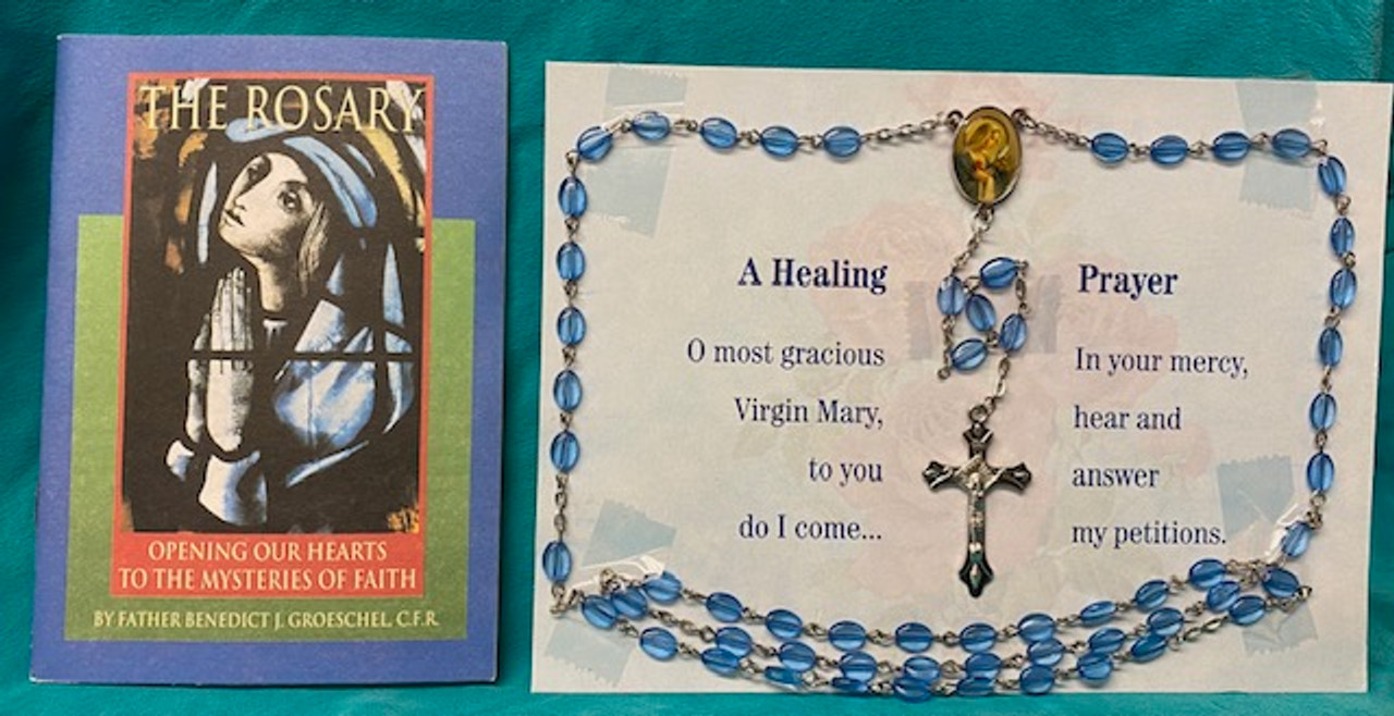 Beautiful Light Blue Rosary with 31-page Rosary booklet