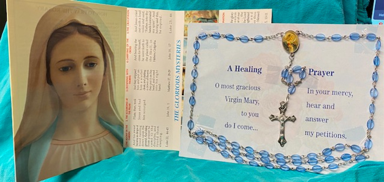 Lovely Light Blue Rosary with Fold-open Rosary Card