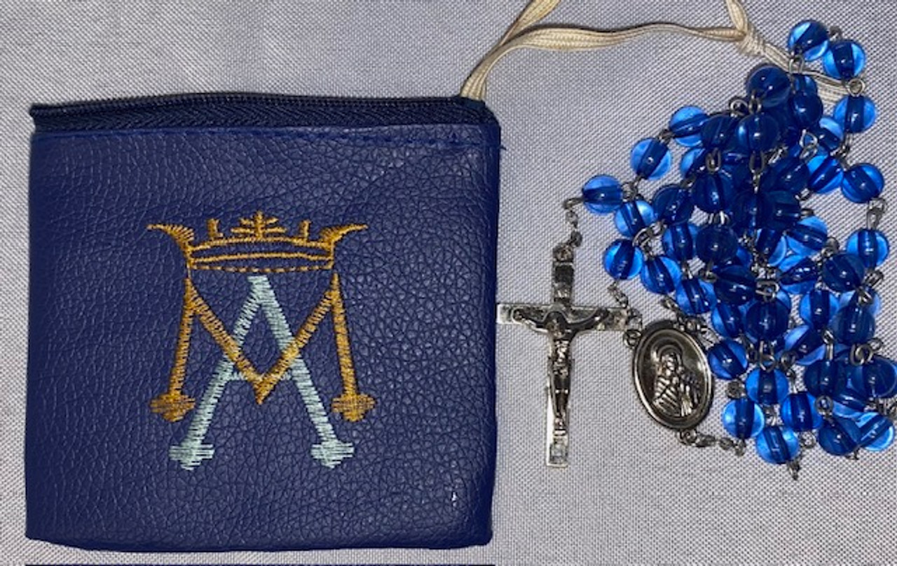 New Rosary with pretty blue beads - comes in Vintage Rosary Pouch