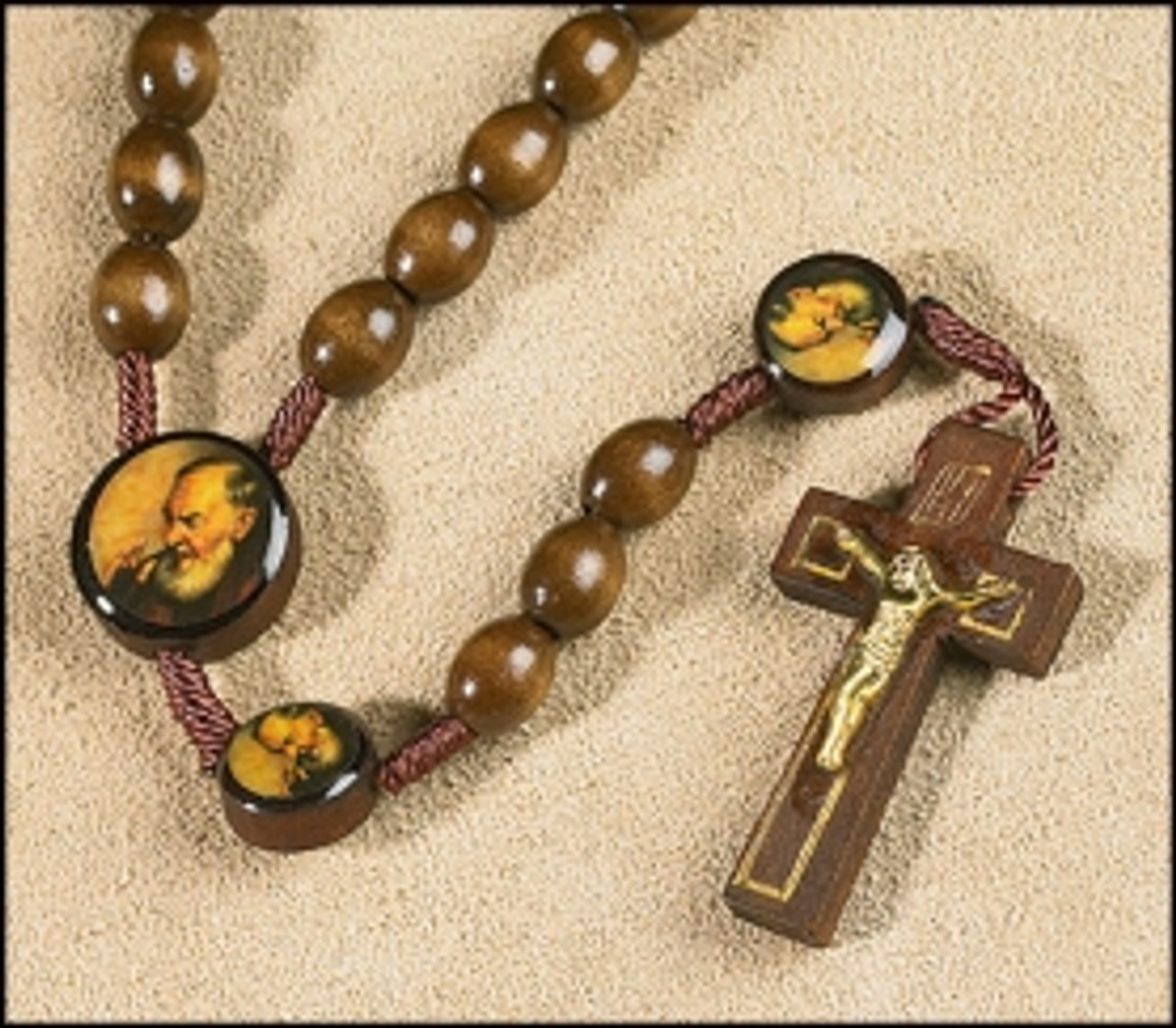 Padre Pio Wooden Bead and Cord Rosary