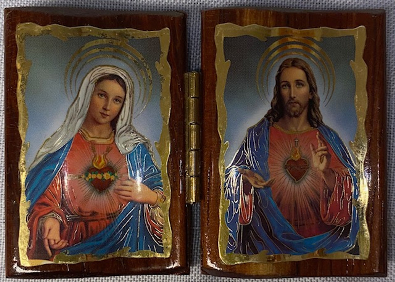 Beautiful Gold-Edged Diptych of Sacred Heart/Immaculate Heart