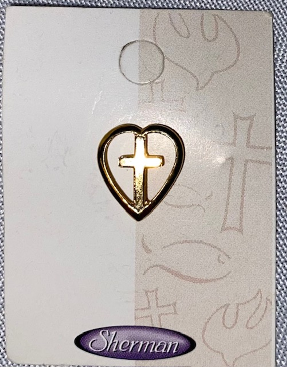Lapel Pin - Gold-tone Heart with Cross
