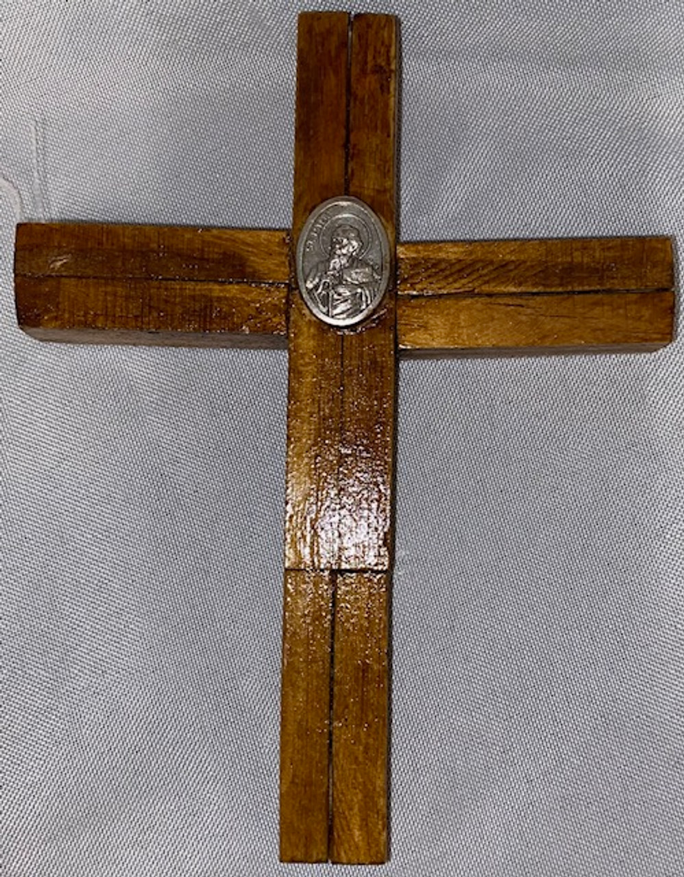 Handcrafted Puzzle Wood Cross with embedded St. Paul Medal