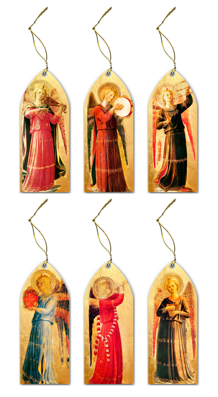 This Angel Ornament Bundle contains six ornaments, each printed with a unique image of a Fra Angelico angel. 

Yesterday's timeless art is reawakened by today's technology.  Nelson laser-cut wood ornaments utilize our unique printing technology to create a smooth, glossy finish with a "no paper, no peel" exterior.  All laser-cut ornaments are 1/8" thick and come with a pre-tied satin ribbon* for hanging.  Guaranteed to impress, our ornaments make excellent gifts with their winning combination of quality and beauty. 

 *Ribbon colors will vary.