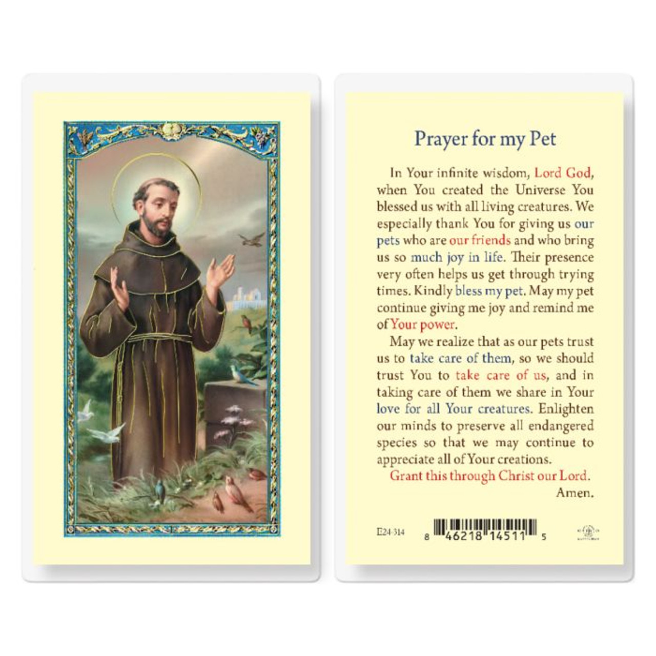 Prayer for My Pet Saint Francis Laminated Holy Card