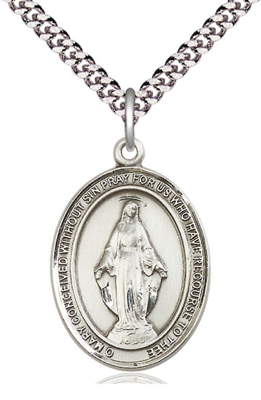 Pewter Miraculous Medal Pendant With Chain- Oval