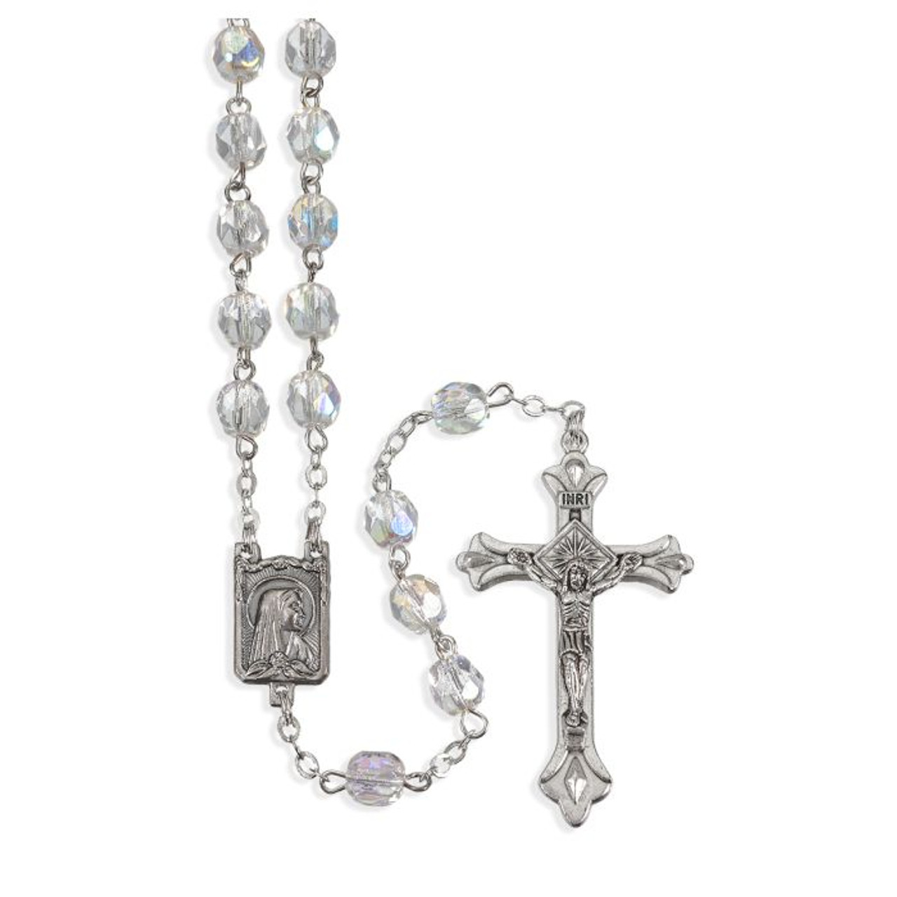 Crystal Aurora Borealis Glass Bead Rosary with Deluxe Center and Crucifix