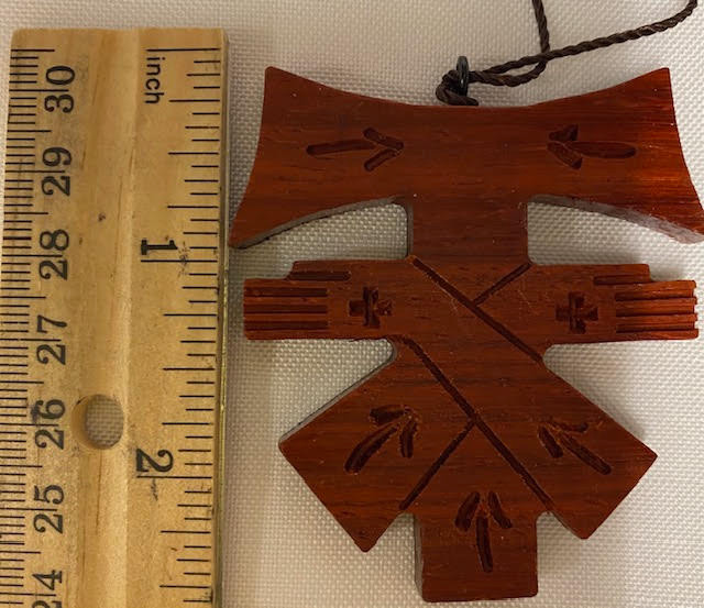 Handcrafted Padauk Wood Crossed Arms Tau Cross Franciscan Crest with Embellishments on 36" knotted cord - Curved Top