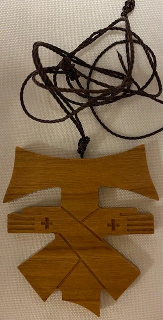 Handcrafted Cherry Wood Crossed Arms Tau Cross Franciscan Crest with Crosses on 36" knotted cord - Curved Top