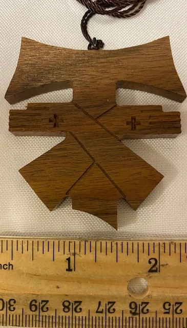 Handcrafted Walnut Wood Crossed Arms Tau Cross Franciscan Crest with Crosses on 36" knotted cord - Curved Top